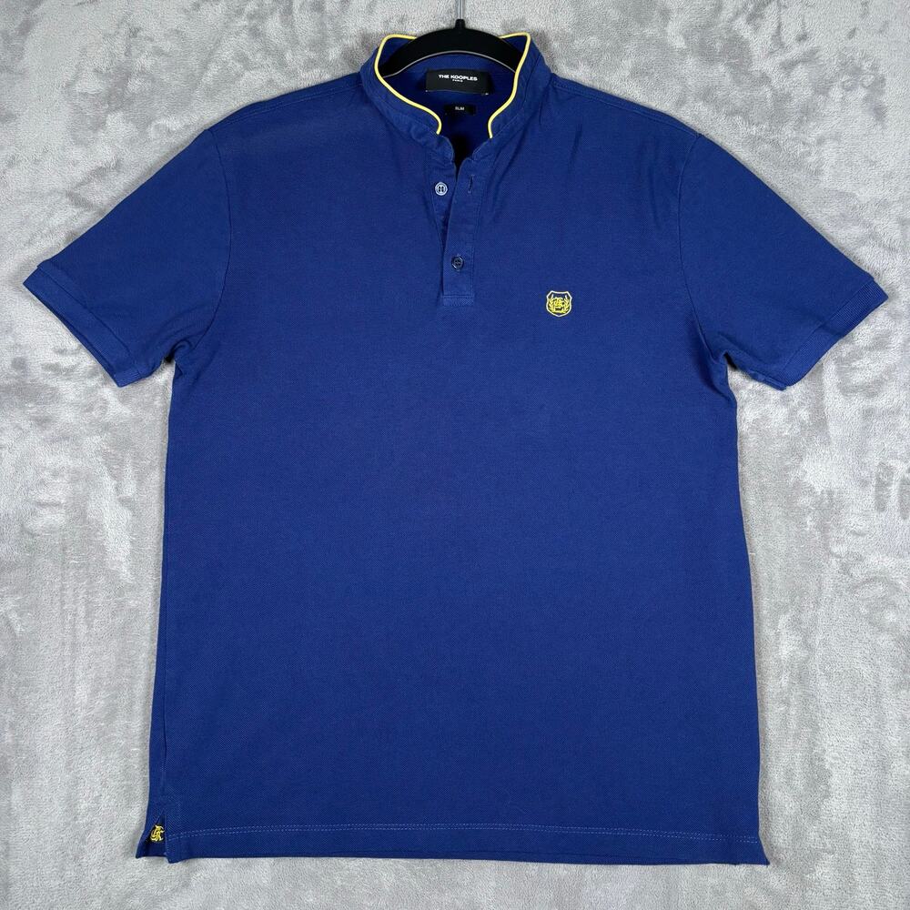 The Kooples Paris Band Collar Polo Shirt Blue Yellow Trim Slim Men’s Medium